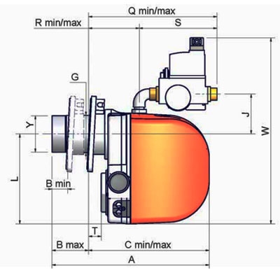 QUEMADOR GAS UNIGAS NG70 1 LLAMA 1/2" M.TN.S.ES.A.0.15 30−70 KW TOBERA CORTA