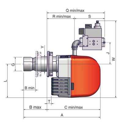 QUEMADOR GAS UNIGAS NG200 1 LLAMA 3/4" M.TN.S.ES.A.0.20 85−200 KW TOBERA CORTA