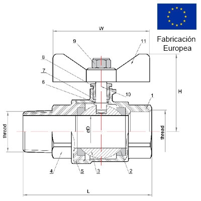 VALVULA DE BOLA 2 PIEZAS 3/4" CON PALOMILLA INOXIDABLE 316