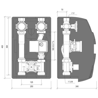 GRUPO MEZCLADOR KM3-125 DN25 CON GRUNDFOS HYBRID 25−70 180