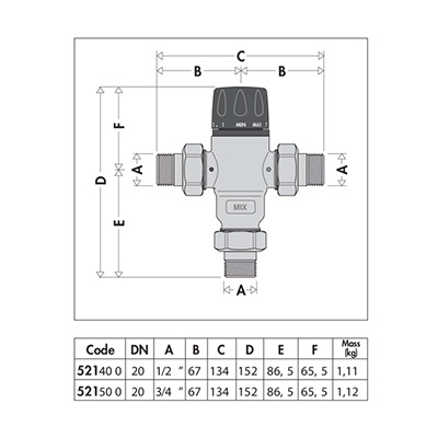 MEZCLADOR TERMOSTÁTICO 1/2" ANTICAL REGULABLE 521400 CALEFFI