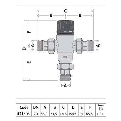 MEZCLADOR TERMOSTÁTICO + VÁLVULAS RETENCIÓN 3/4" ANTICAL CALEFFI 521503